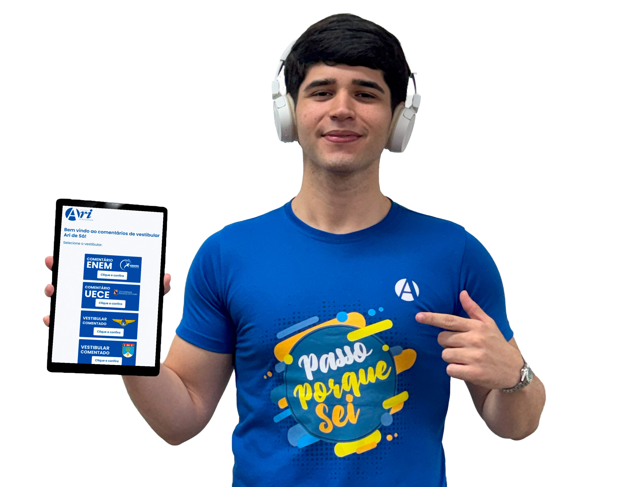 Dois estudantes vestidos com a camisa do pre vestibular do ari fazendo o numero um